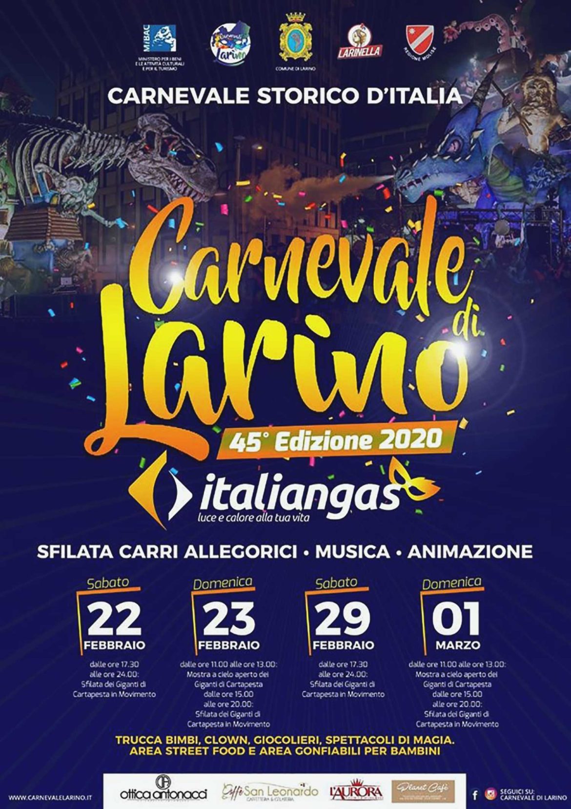 Molise: il Carnevale di Larino 2020, con la sfilata di otto “Giganti di cartapesta”